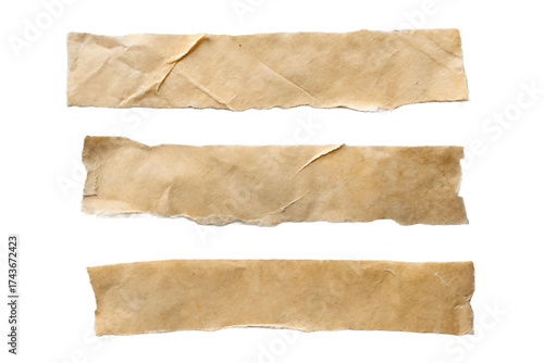 Three horizontal torn brown paper tape strips with rough edges and creased surfaces, isolated on a transparent background