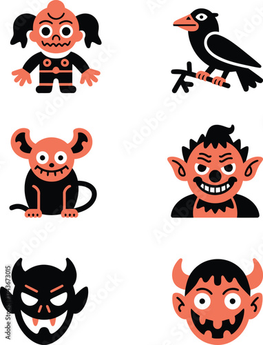 Halloween Monsters Crow Mouse Devil Icons Orange Black