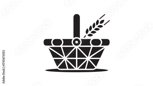 Charming picnic basket icon with wheat stalk, perfect for summer outings, farm fresh produce, and rustic market designs, add a touch of vintage charm to your project today