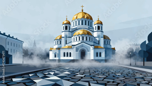 Illustration Of Alexander Nevsky Cathedral With Golden Domes And Stone Path In A Misty Morning Atmosphere Vector Design Template