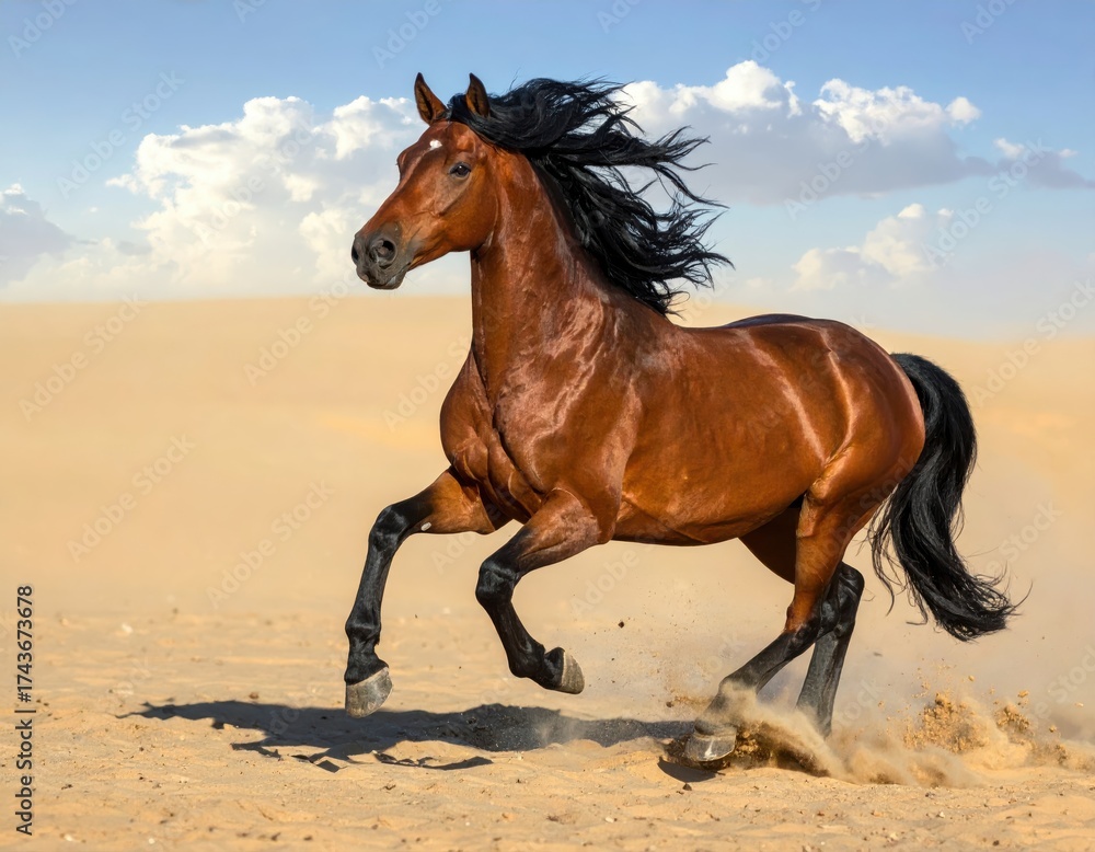 Fototapeta premium Majestic brown horse galloping powerfully through golden desert sands with mane flowing dramatically against a vibrant blue sky