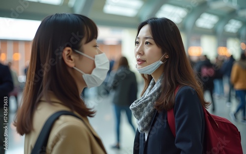 Young beautiful asian traveller woman who wearing a protective face mask is saying no to another woman who coughing without protection mask in public area. High quality