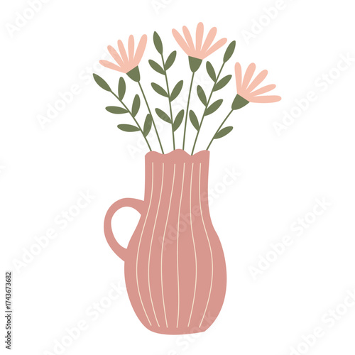 An illustration of a handcrafted vase with flowers. A graphic element with a pottery or interior design concept.