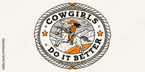 Empowered cowgirl riding horse through mountains under moonlit sky with inspiring slogan