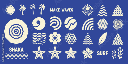 Collection of stylized tropical and surf inspired graphic elements and text on a blue background
