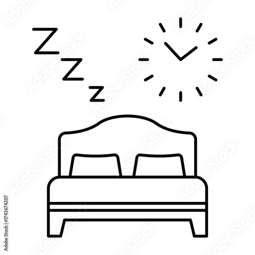 Minimal line icon of bed with pillows, clock and sleep symbol ZZZ. Editable stroke. Simple outline illustration representing sleep, rest, bedtime, insomnia, night routine, relaxation, comfort concept