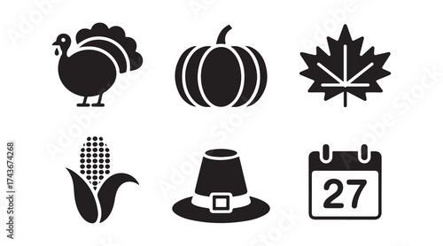 Thanksgivin Icons Set Isolated on White Background.