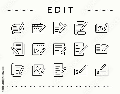 Set of Edit line icon. Contain linear symbols formatting, adjustable, modification, writer, editing, adjust and more. Thin web icons. Adjustable icon set. Pixel perfect. Vector illustration.