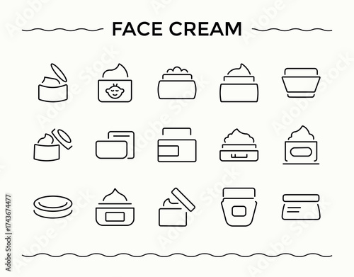 Face Cream related icon set. Pack of brush, treatment, care, beauty, bottle, health, fashion and more. Minimal thin line web icons set. Vector collections. Shampoo icon pack.