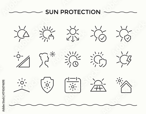 Sun Protection icon set. Pack of sun, protect, cosmetic, beauty, ray, safe and more. Cosmetic icon set. Vector icons collection. Editable stroke. Pixel Perfect.