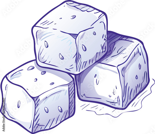 Three ice cubes stacked together melting slightly artistic sketch style vector