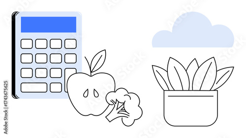 Calculator, apple, broccoli, potted plant, and cloud merge wellness, nature, and productivity. Ideal for health, sustainability education budgeting nature care mindfulness and wellness a simple