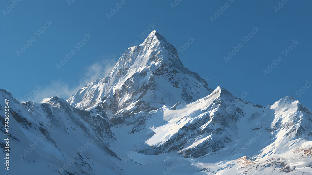 Obraz premium Snow-covered mountain peak clear blue sky bright daylight