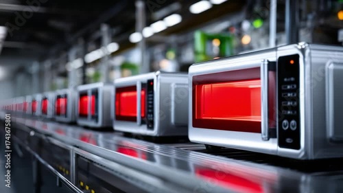 Wallpaper Mural Row of microwave ovens on a factory production line, stainless steel conveyors, red-lit doors glowing as they pass by. Torontodigital.ca