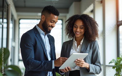 Business team of two happy young busy diverse colleagues, professional business man and business woman executives working together standing in office using digital tablet tech and talking.