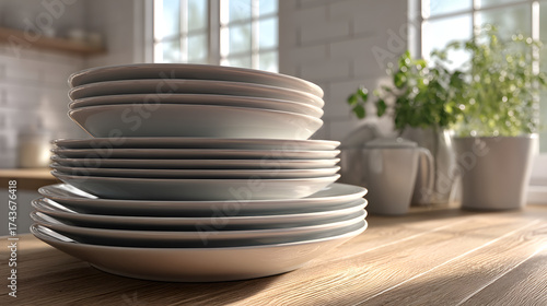 Stack of white ceramic plates on wooden countertop natural