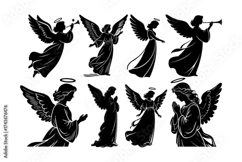 Set of elegant angel silhouettes in different poses with halos and wings, classic monochrome graphic style on white background, concept of peace
