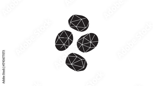 Four abstract geometric black gemstones arranged dynamically on a light textured backdrop, creating a modern, minimalist artistic composition