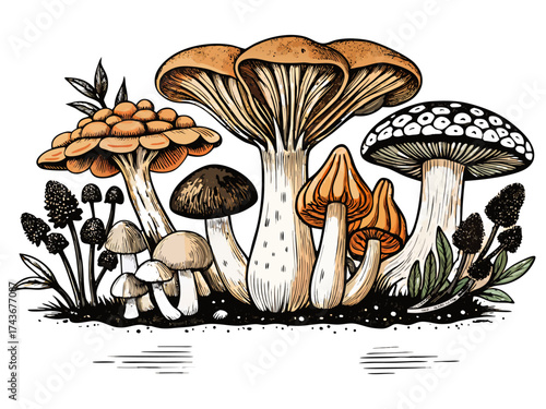 Brown and white mushrooms growing on green grass in a natural forest setting illustration.