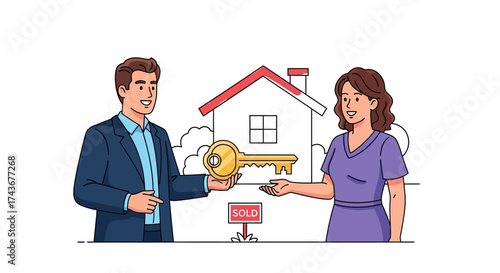 Illustration depicting the handover of house keys to a new owner upon sale completion