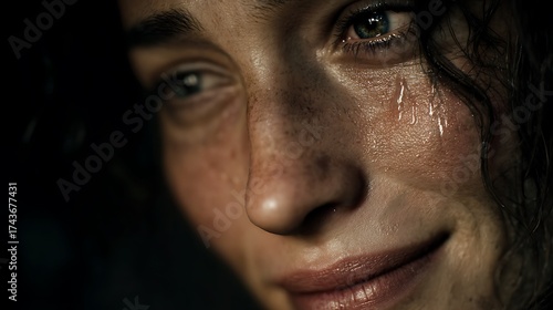 cinematic fine art photography, woman wiping tears with small smile, natural lighting, authentic emotion, ultra-realistic detail, emotional realism, 32K resolution 