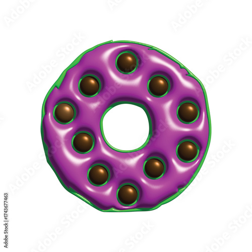 Delicious purple iced doughnut with chocolate chips and green sprinkles on a white background, studio shot