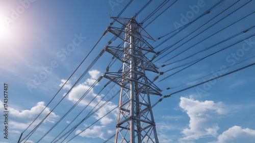 Urban electrical transmission tower clear sky sunlight