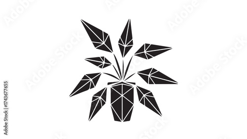 Modern geometric black plant illustration in a faceted pot offers a clean, minimalist aesthetic for contemporary interior design projects and digital art.