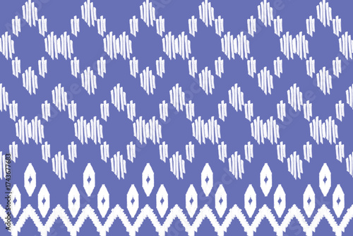 This image displays a traditional Thai textile pattern, likely inspired by the “Mudmee” (มัดหมี่) weaving style. The design features a rich indigo blue background with repeating white diamond and flam