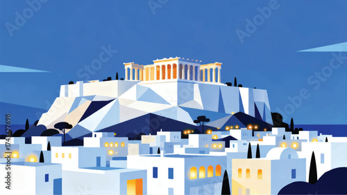 Illustration Of The Acropolis Towering On A Hill With The Glowing White City Below Vector Design Template