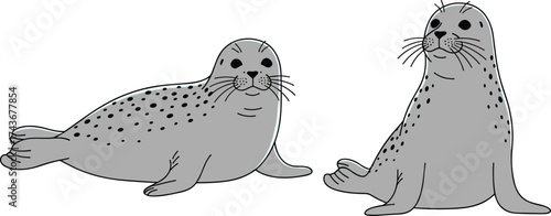 Cartoon seals with gray spotted bodies in sitting and lying poses, cute vector marine animals for kids on white background illustration