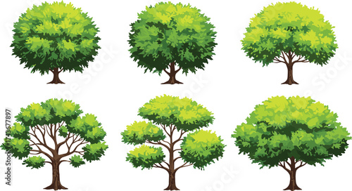 Cartoon green tree set with lush foliage and varied shapes — perfect for landscape design, game assets, garden illustrations, eco branding, and digital art projects
