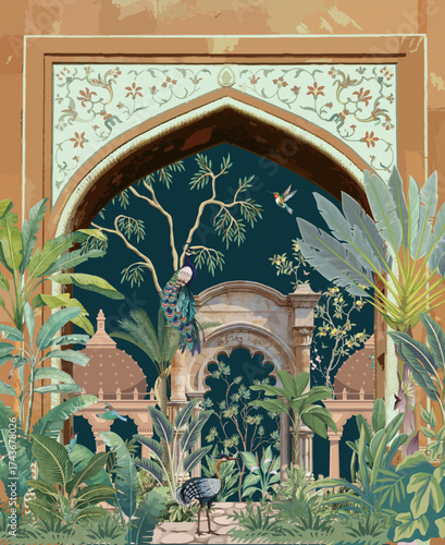 Traditional Mughal Garden Illustration, Mughal Arch, Dome, Mughal Wallpaper, Indian Wedding Wall Mural.
