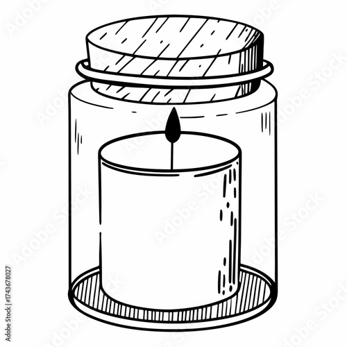 A line drawing of a candle inside a glass jar with a cork lid and a lit wick on a white background