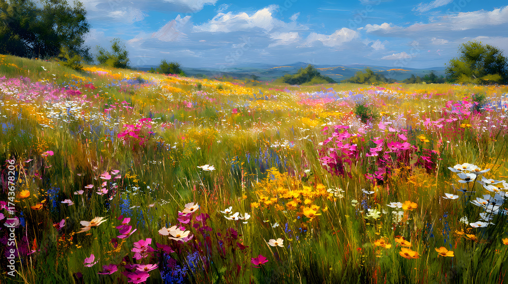 Obraz premium Wide meadow with colorful wildflowers sunny day