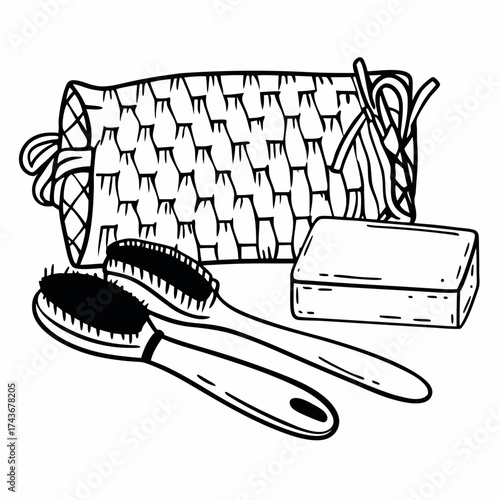 Still life of a woven bag with brushes and a bar of soap in a black and white line drawing style