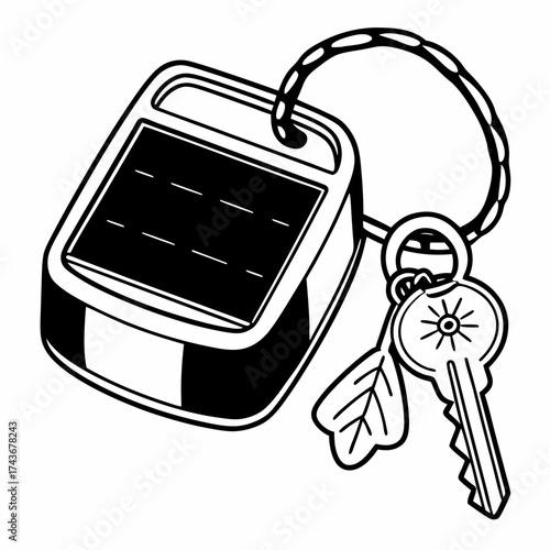 Illustration of a black and white solar powered device attached to a key and a leaf keychain charm