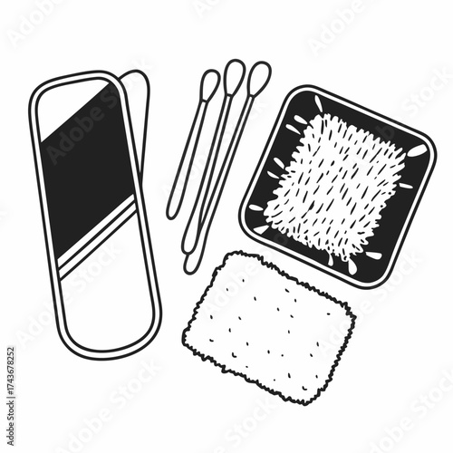 Illustration of a black and white makeup remover pad, cotton swabs, and cotton pad in a tray view