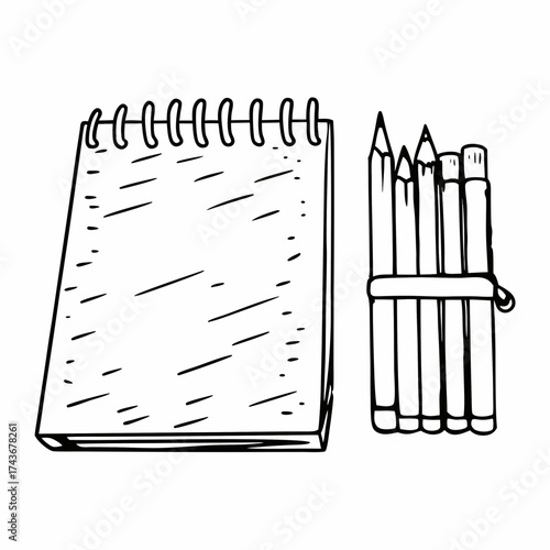 A sketch of a notepad with a spiral binding and a bundle of pencils tied together with a rubber band