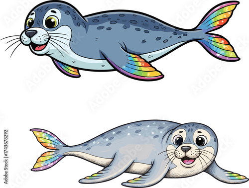 Cartoon seals with rainbow-striped flippers and tails, cheerful aquatic animals vector illustration for children’s content, decor, education, and storytelling