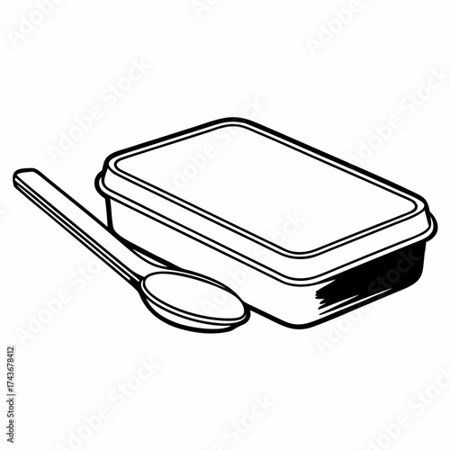Illustration of a rectangular container with a lid and a spoon resting beside it in black and white