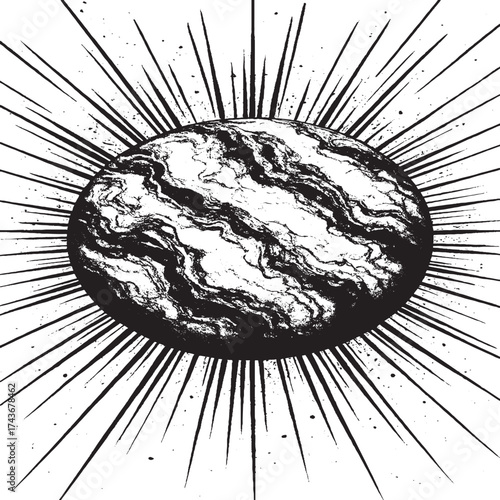 Grunge Planet with Sunburst Rays | Black and White Cosmic Sphere Abstract Illustration Design