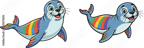 Cartoon seals with rainbow-striped tails and smiling faces, cheerful arctic animals vector illustration for children’s content, decor, and education