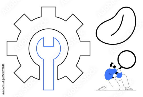 Outline gear with wrench, abstract shapes, and person examining with magnifying glass. Ideal for innovation, mechanics, engineering, research, troubleshooting optimization and exploration. Simple