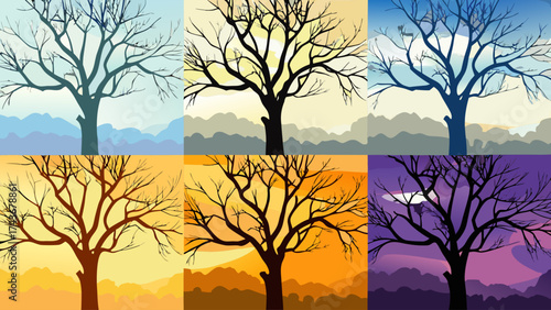 Stylized tree illustrations showing seasonal changes from winter blues to summer sunsets, ready for creative projects needing nature themes or landscape elements