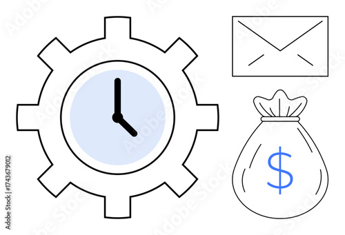 Gear clock symbolizing time, money bag denoting financial goals, and envelope representing communication. Ideal for business productivity, time value, efficiency, goal planning, saving