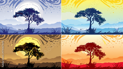 Serene landscapes showcase calm trees silhouetted against moonlit skies, capturing the quiet beauty of nature in an artistic and calming presentation