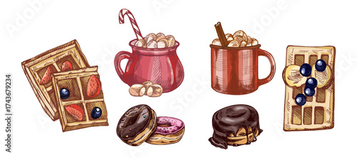 Hand drawn vintage sketch set of waffles, donuts and hot chocolate mugs with marshmallows, color and monochrome version