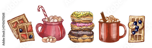 Hand drawn vintage sketch set of waffles, donuts and hot chocolate with marshmallows in pastel color version