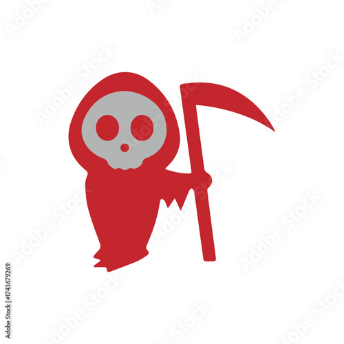Cartoon Grim Reaper with Scythe Illustration in Red